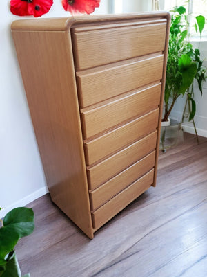 Vintage Mid Century Tallboy Chest of Drawers Solid Oak Danish Style 7 Drawers VGC