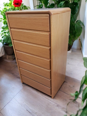 Vintage Mid Century Tallboy Chest of Drawers Solid Oak Danish Style 7 Drawers VGC