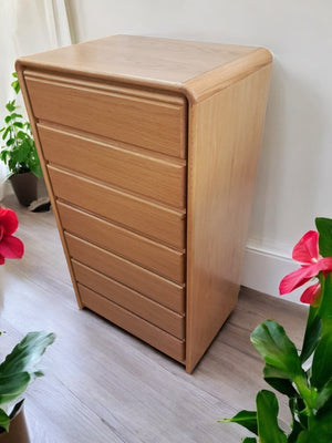 Vintage Mid Century Tallboy Chest of Drawers Solid Oak Danish Style 7 Drawers VGC