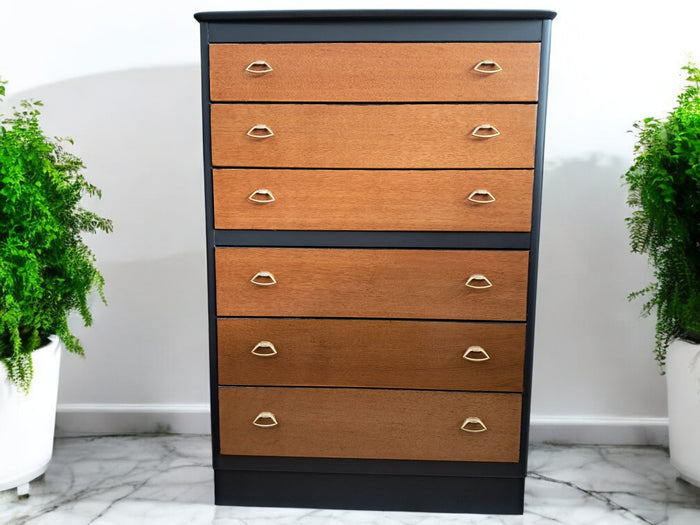 Vintage Mid Century Tallboy Chest of Drawers Retro Oak 6 Drawer Leebus Restored