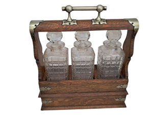 Antique Tantalus + Three Decanters Oak & Brass Victorian Trio Tantalus Decanter Barware 1880