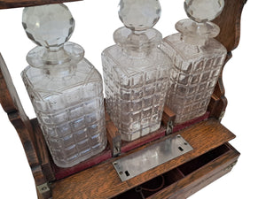Antique Tantalus + Three Decanters Oak & Brass Victorian Trio Tantalus Decanter Barware 1880