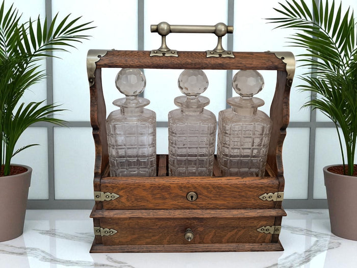 Antique Tantalus + Three Decanters Oak & Brass Victorian Trio Tantalus Decanter Barware 1880