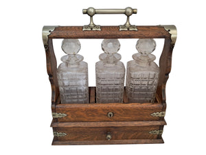 Antique Tantalus + Three Decanters Oak & Brass Victorian Trio Tantalus Decanter Barware 1880