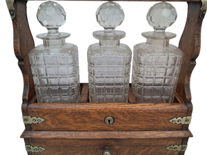 Antique Tantalus + Three Decanters Oak & Brass Victorian Trio Tantalus Decanter Barware 1880