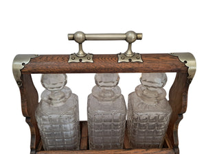 Antique Tantalus + Three Decanters Oak & Brass Victorian Trio Tantalus Decanter Barware 1880