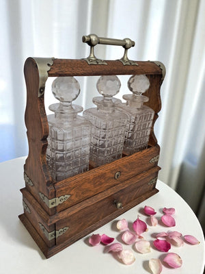 Antique Tantalus + Three Decanters Oak & Brass Victorian Trio Tantalus Decanter Barware 1880