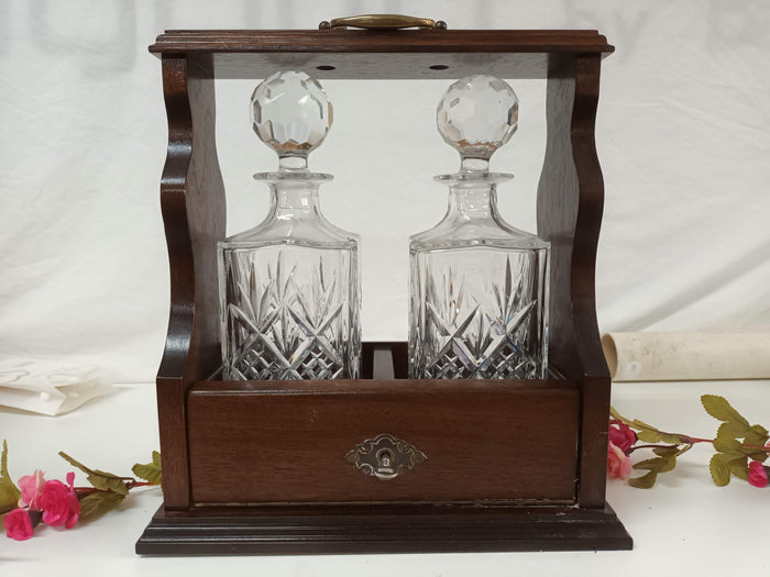Vintage Double Tantalus Mahogany With Pair Cut Crystal Decanters Antique Tantalus