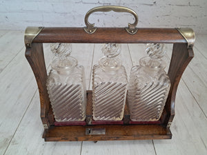Antique Tantalus + Three Decanters Oak & Brass Victorian Trio Tantalus Decanter Barware 1880