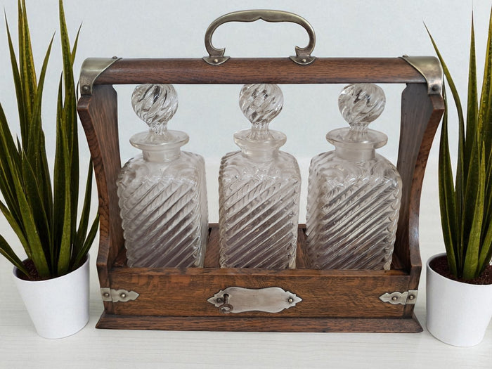 Antique Tantalus + Three Decanters Oak & Brass Victorian Trio Tantalus Decanter Barware 1880