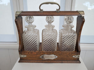 Antique Tantalus + Three Decanters Oak & Brass Victorian Trio Tantalus Decanter Barware 1880