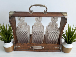 Antique Tantalus + Three Decanters Oak & Brass Victorian Trio Tantalus Decanter Barware 1880