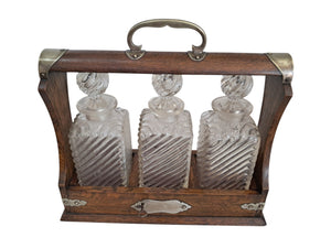 Antique Tantalus + Three Decanters Oak & Brass Victorian Trio Tantalus Decanter Barware 1880