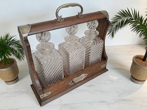 Antique Tantalus + Three Decanters Oak & Brass Victorian Trio Tantalus Decanter Barware 1880