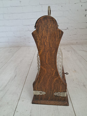 Antique Tantalus + Three Decanters Oak & Brass Victorian Trio Tantalus Decanter Barware 1880
