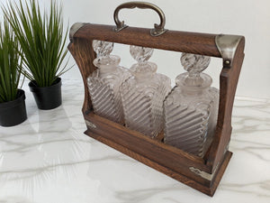 Antique Tantalus + Three Decanters Oak & Brass Victorian Trio Tantalus Decanter Barware 1880
