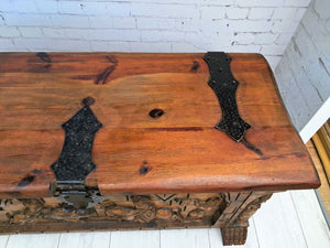 Antique LARGE Medieval Gothic Trunk Coffer Carved Chest / Coffee Table / Storage 1930