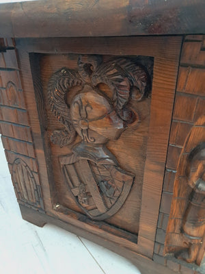Antique LARGE Medieval Gothic Trunk Coffer Carved Chest / Coffee Table / Storage 1930
