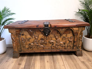 Antique LARGE Medieval Gothic Trunk Coffer Carved Chest / Coffee Table / Storage 1930