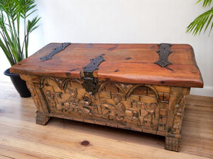 Antique LARGE Medieval Gothic Trunk Coffer Carved Chest / Coffee Table / Storage 1930