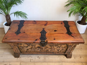 Antique LARGE Medieval Gothic Trunk Coffer Carved Chest / Coffee Table / Storage 1930