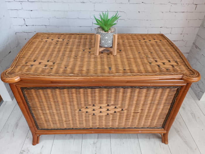 Vintage Rattan Trunk Wicker Bamboo Ottoman Bohemian 1970 Coffee Table Storage