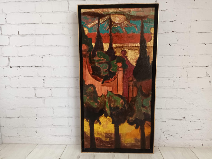 Vintage Oil Painting Alfio Rapisardi Modernist Abstract Landscape Cityscape Framed Signed Gallery Stamp Verso