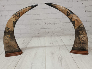 Pair Large Water Buffalo Carved Horns Vintage Dragons Tigers Oriental Chinese Antique