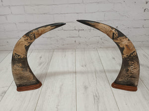Pair Large Water Buffalo Carved Horns Vintage Dragons Tigers Oriental Chinese Antique