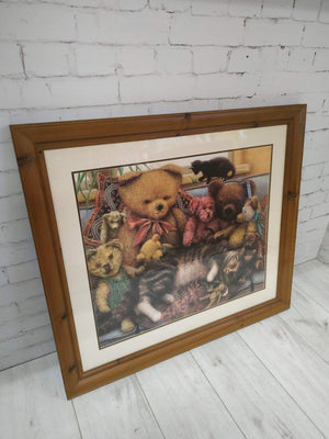 Teddy Bear & Cat Print Picture Framed Large Vintage Wall Hanging