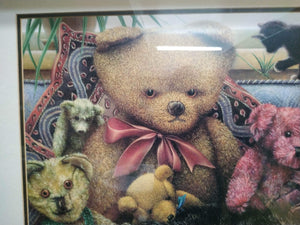 Teddy Bear & Cat Print Picture Framed Large Vintage Wall Hanging