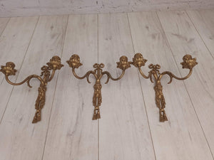 Antique French Brass Wall 3 x Sconces Lights Gilt Rococo Candle Holders Rams Head  Louis XV Style