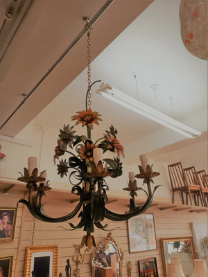 Vintage French Floral Toleware Chandelier 6 Arm Ceiling Light 1950's Antique