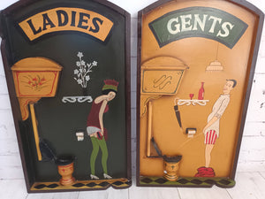 Pair Art Deco His & Hers Bathroom Toilet Signs Carved Wooden Painted Vintage Large 1930