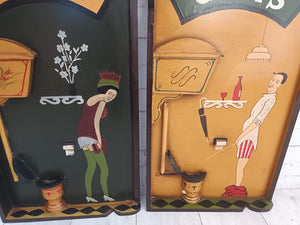 Pair Art Deco His & Hers Bathroom Toilet Signs Carved Wooden Painted Vintage Large 1930