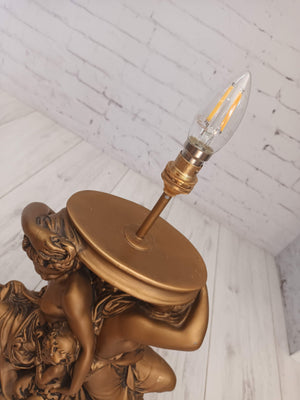 Antique Grecian Art Deco Nouveau Table Lamp Plaster Gold Gilt Cherub Putti Women + Lampshade
