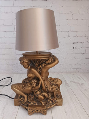Antique Grecian Art Deco Nouveau Table Lamp Plaster Gold Gilt Cherub Putti Women + Lampshade