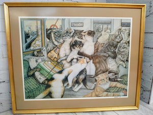 Vintage Zoe Stokes London Underground Cat Print Louis Wain Style Limited Edition Framed 1980 RARE