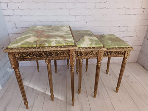Vintage Onyx Marble & Brass Nest of Tables Italian Style Rococo Gold Mid Century Table
