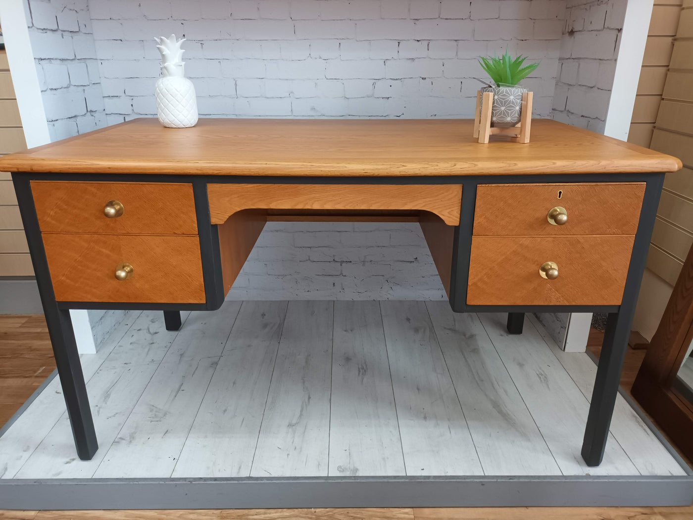 Teachers Vintage Desk Headmasters Oak and Grey Wooden Upcycled