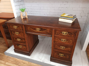Antique Victorian Desk Rosewood Inlaid Marquetry Twin Pedestal Desk Vintage Writing Desk