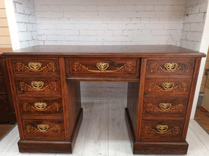 Antique Victorian Desk Rosewood Inlaid Marquetry Twin Pedestal Desk Vintage Writing Desk