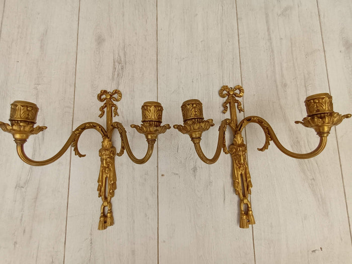 Antique French Pair Brass Wall Sconces Lights Gilt Rococo Candle Holders Rams Head  Louis XV Style